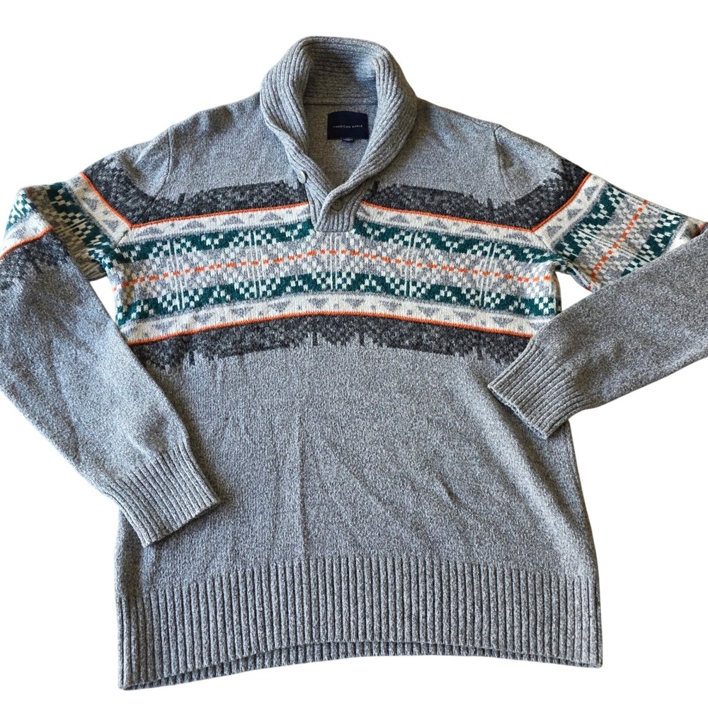 American Eagle Mens Shawl Neck Sweater Large Fair Isle Pattern Gray Knit warm
